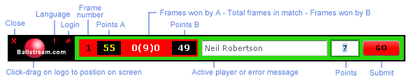 Live scoreboard software for snooker, billiards and pool events.